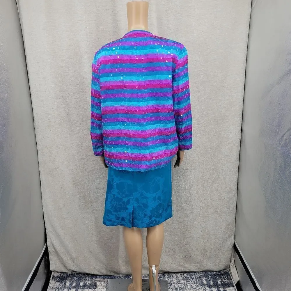 Anne Crimmins Vintage Matching Silk Skirt Set Blue Purple Fuschia Sequin Blazer